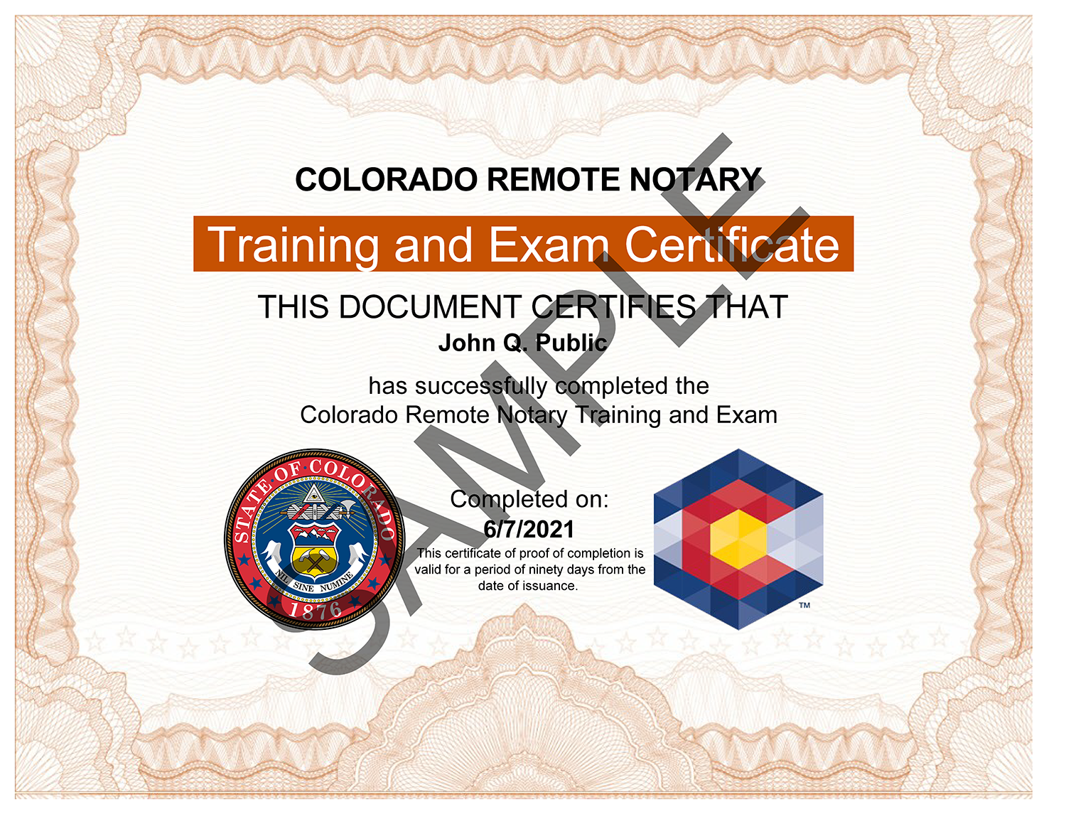Image of remote notary training and exam certificate