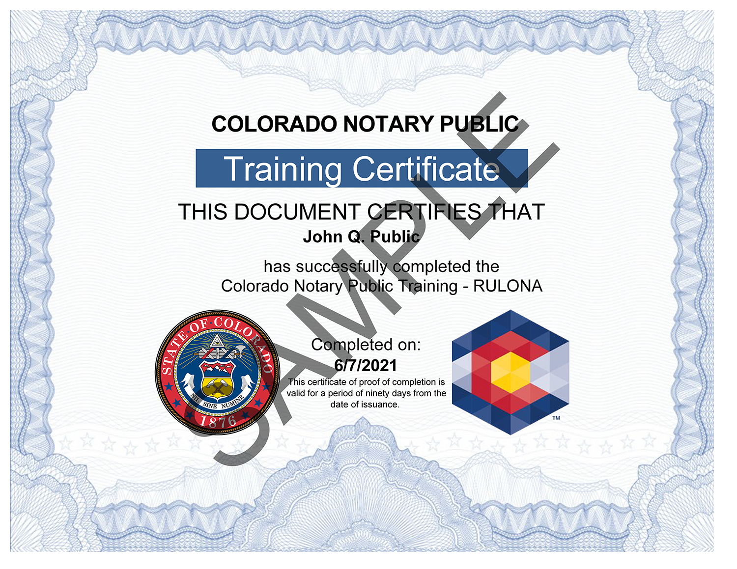 Example image of the notary training certificate.