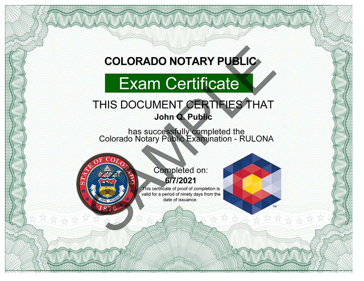 Example image of the notary training exam certificate.